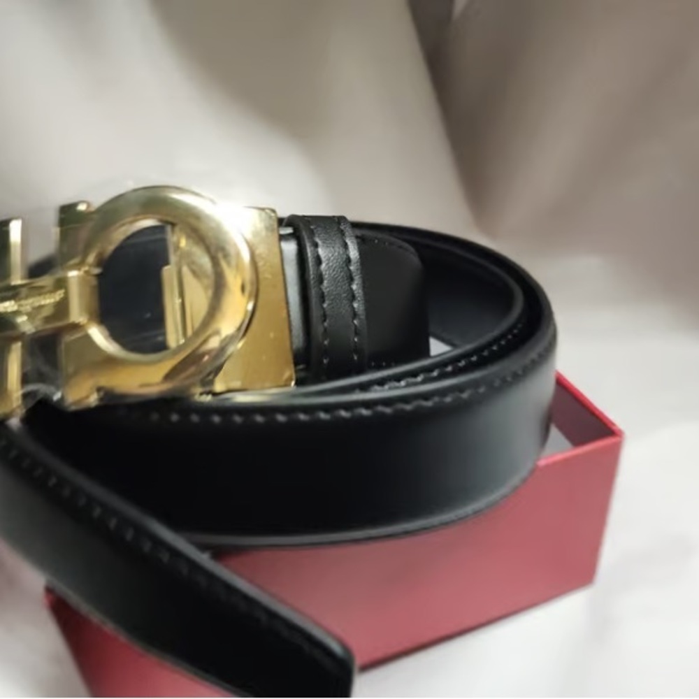 Salvatore Ferragamo Black Gold Gancini Leather Belt - Picture 4 of 6